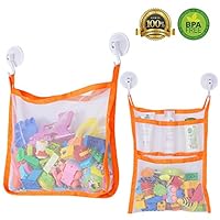 SUNDOKI Bath Toy Organizer, Bath Toy Holder Storage Bags with 4 Suction Cup Hooks and 2 Bath Toy Nets for Kids, Toddlers and Adults (Orange)