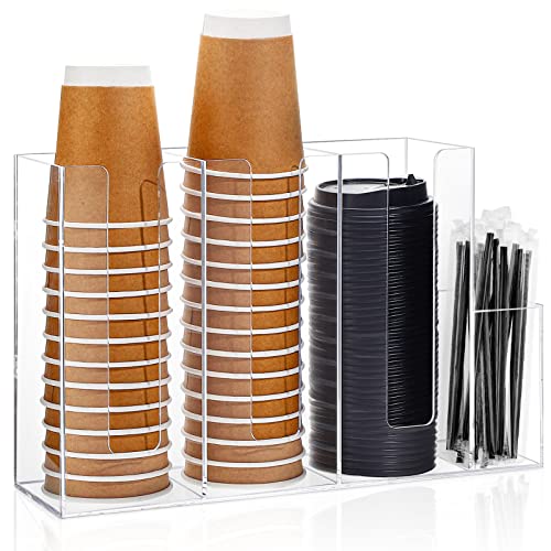 Cunhill 4 Compartment Acrylic Coffee Cup Organizer Holder, Clear Plastic Cup and Lid Storage, Countertop, Modern Style, Transparent, 38 x 10.5 x 24 cm, Ideal for Kitchen, Restaurants, Lounges