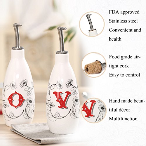 Olive Oil Bottle Set Ceramic Dispenser Porcelain Vinegar Cruet 9oz. with Stainless Steel Leak Proof Pourer Spout for Cooking or Salad Dressing by CEDAR HOME, 2 Pack, Farmer Market