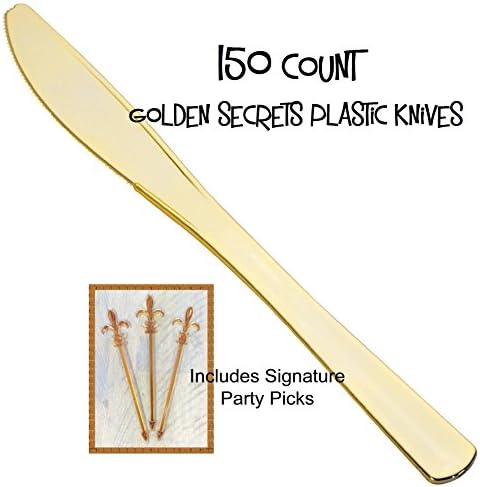 Gold Plastic Knives, PACK of 150 Golden Secrets w/Signature Party Picks