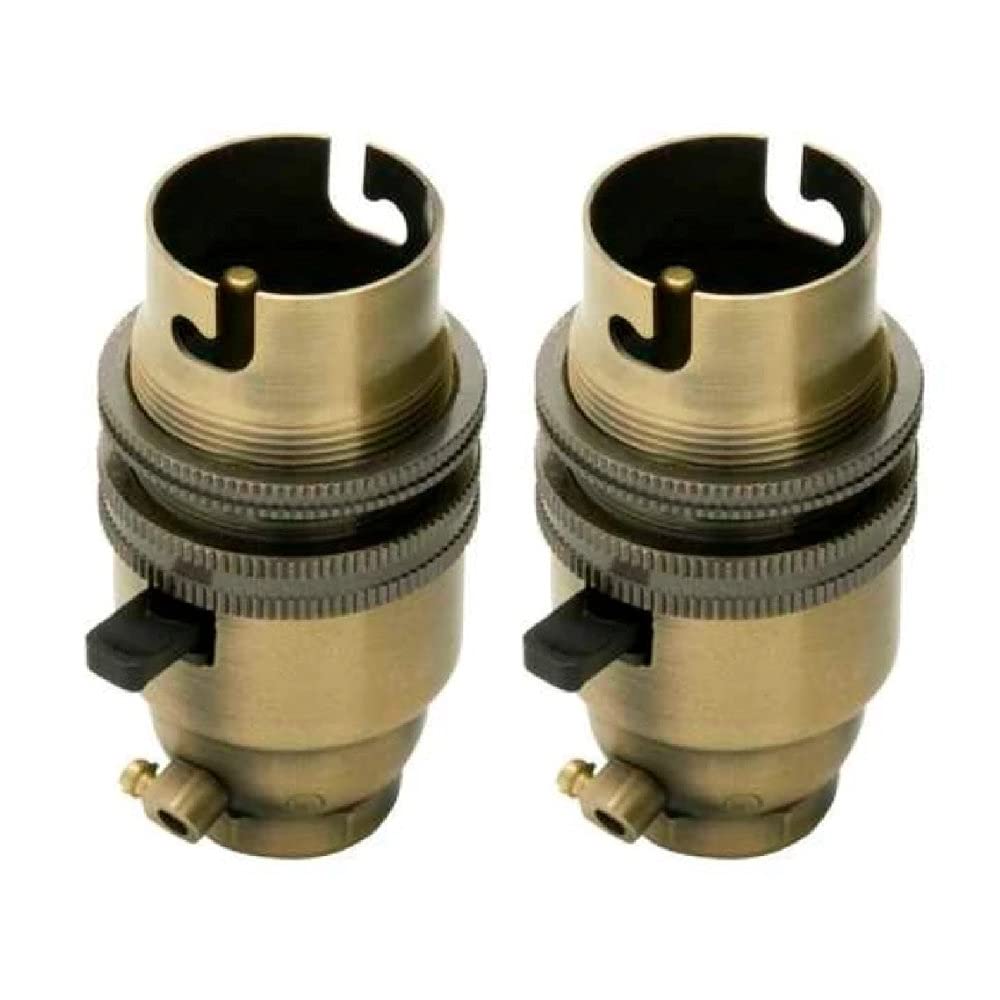 2 Pack | Antique Brass 1/2" (13mm) Entry Switched Lampholder with Shade Ring | Bayonet Cap BC B22 Fitment | High Grade Brass Metal | UK Approved