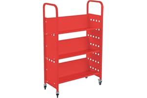 GUDESEN Book Cart w/ 3 Sloped Shelves Double-Sided Book Truck 450LBS Rolling Library Cart with 4 Swivel Lockable Casters for School Library,Home and Office/Red