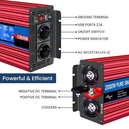 ETREPOW 2000W Inverter 24V 220V Pure Sine Wave Transformer with 2 EU Sockets and USB, Wireless Remote Control, LCD Display, Peak 4000W