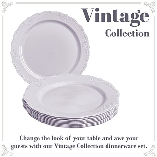 Party Disposable 20 pc Dinnerware Set | 20 Salad Plates | Heavyweight Plastic Dishes | Elegant Fine China Look | for Upscale Wedding and Dining (Vintage Collection – White | 9 Inch