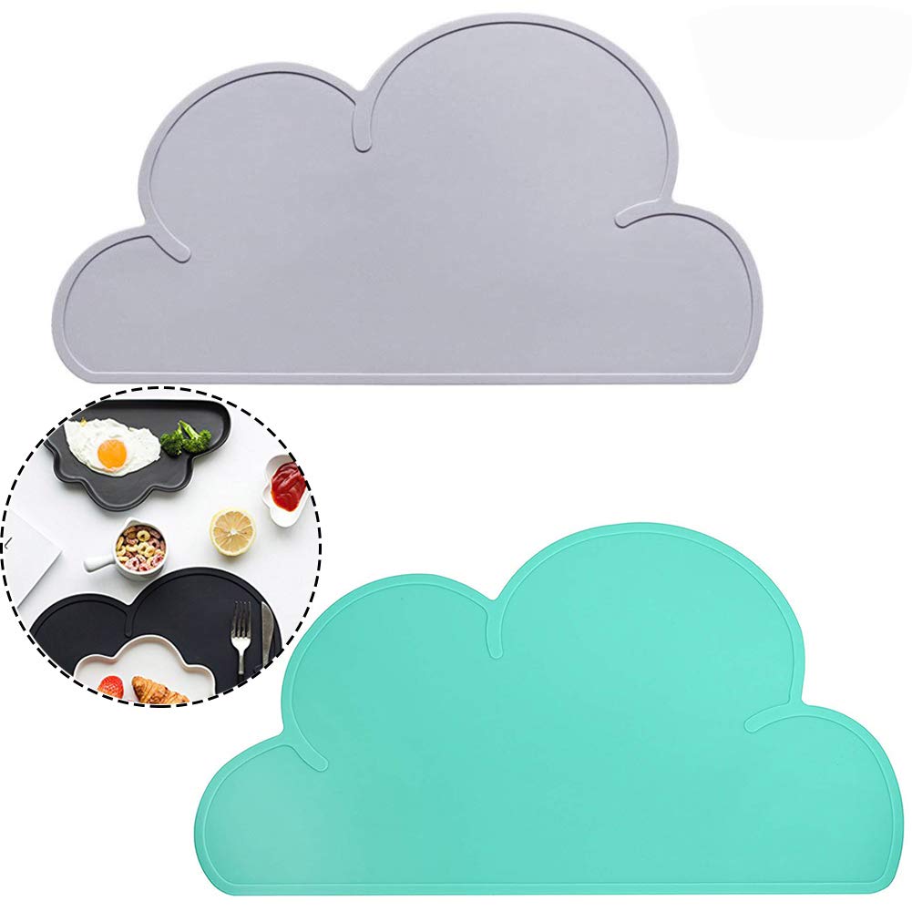 Kids Placemats, BETOY 2PCS Silicone Childrens Placemat Kids Placemats Cloud Shape Non Slip Foldable Portable Heat Resistant Kids Tableware for Toddlers Infant - Grey, Green