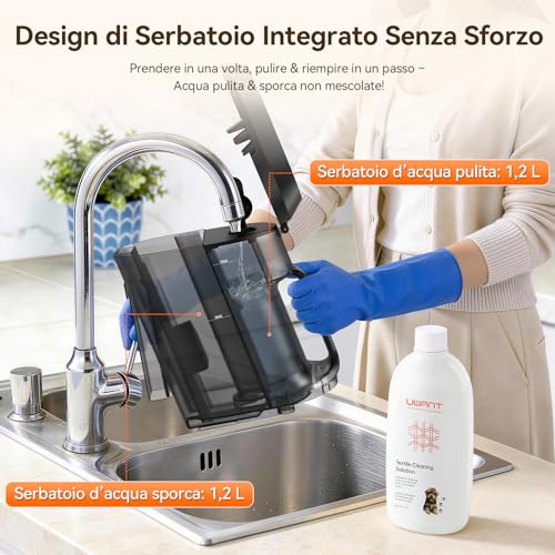 Uwant Y100 Aspiradora de Agua Tapiceria, 600W 18 kPa, Doble Depósito 1.2L y Autolimpieza, Higieniza 99.9% con Detergente 500ml y Cepillos, Limpiador de Tapicerías, Para Sofá, Alfombra y Colchón