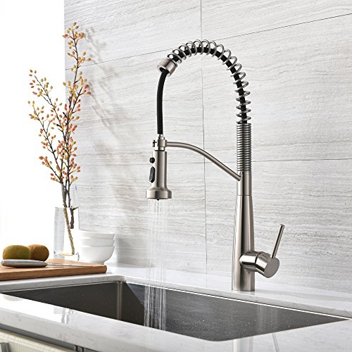 Pre Rinse Spring Kitchen Faucet With Pause-Bokaiya Commercial Brass Brushed Nickel Stainless Steel Pull Down Sprayer Kitchen Sink Faucet, 1 Hole Single Handle Kitchen Faucets with Sprayer