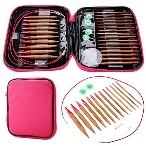 Fyearfly Circular Needles Knitting Kit, 13 Pcs Interchangeable Needle Tip Set,Carbonized Bamboo Sewing Crochet Needles Kit with Storage Case for Adults Kids Beginners