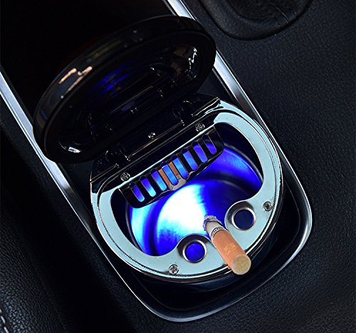 Follicomfy Smokeless Car Ashtray Cup Holder with Compass and LED Light,Black & Silver - Thumbnail 2