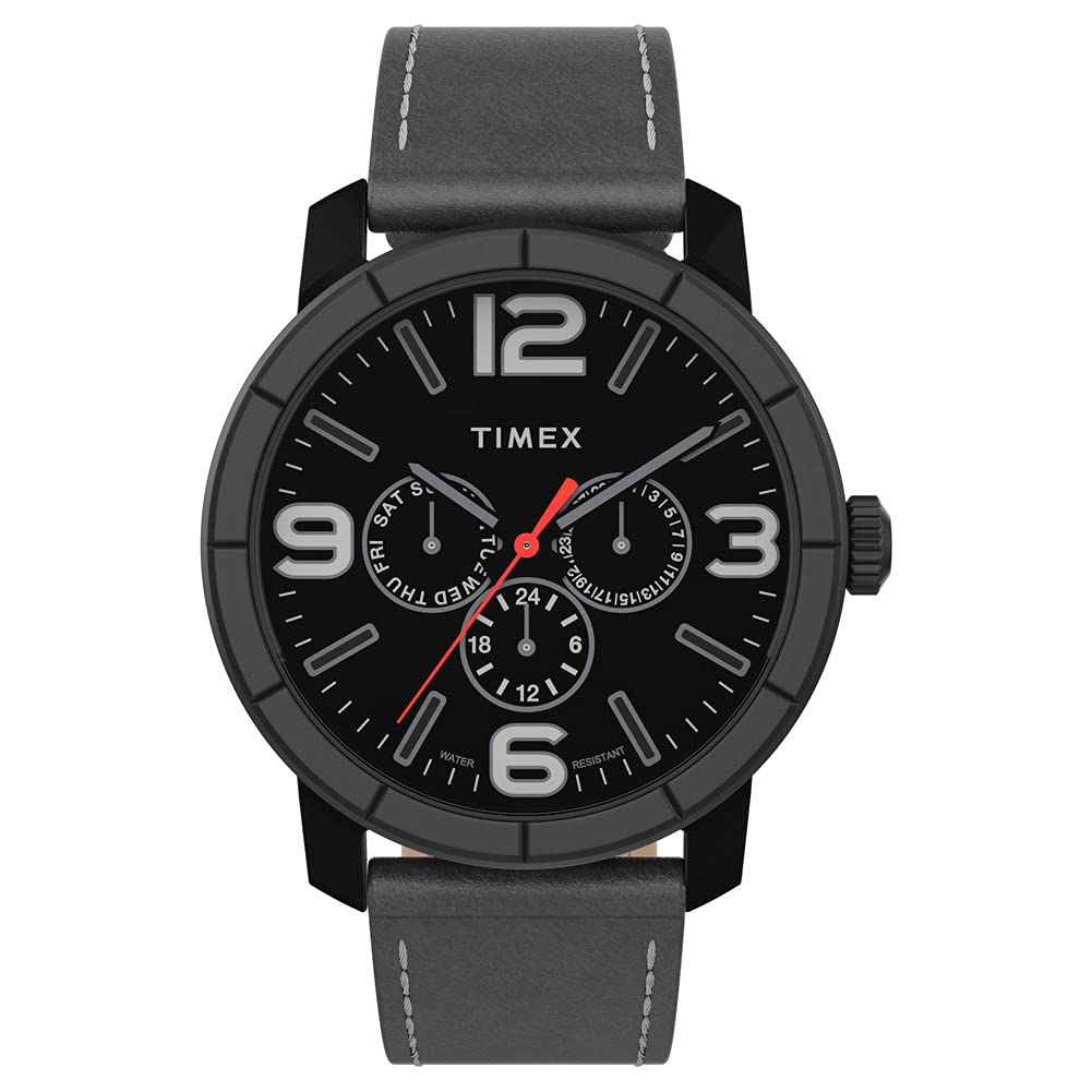 Timex Mod 44 Mens Multifunction Black Case Gray Leather Watch TW2U15200