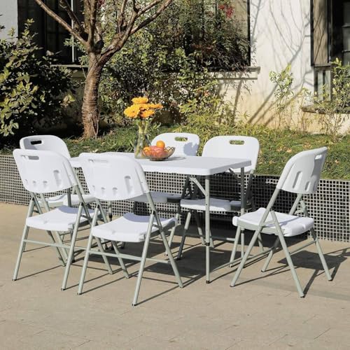 MOMENT Foldable Lightweight Trestle Outdoor Camping Tables, Heavy Duty Plastic Outdoor Folding Picnic Table, Folding Trestle Table For BBQ Party, Folds in Half with Carry Handle, White