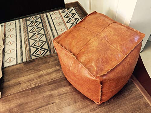 RISEON Boho Handmade Faux Leather Moroccan Pouf Footstool Ottoman Leather Poufs Unstuffed 17.7" x17.7" -Square Floor Cushion Footstool for Living Room, Bedroom and Under Desk (Yellow)