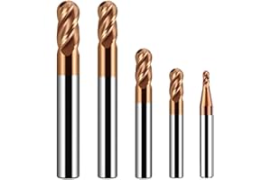 sisona 1/16" 1/8" 3/16" 1/4" 3/8" Carbide Ball Nose end Mill Bits Set - 5Pcs 4 Flutes TISIN Coated - for Alloy Steels, Harden