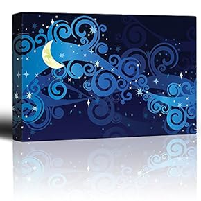Vectored Illustration of a Yellow Crescent Moon on Blue Swirly Clouds and a Starry Sky - Canvas Art Home Art - 12x18 inches
