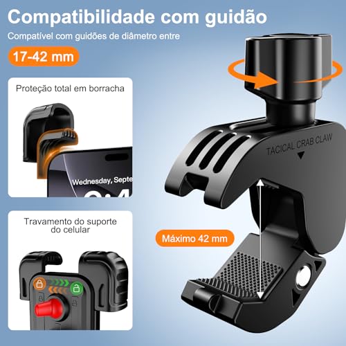 Tobeape Suporte Celular Moto e Bicicletas Antivibração, Universal 10,2–18,3 cm, Fixação Guidão 1,5–4,5 cm, Rotação 360°, Trava Dupla de Segurança, Ideal para iPhone 16 Pro Max e Samsung S24 Ultra
