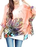 Allegra K Lady Batwing Sleeve Floral Prints Semi Sheer Chiffon Oversize Shirt