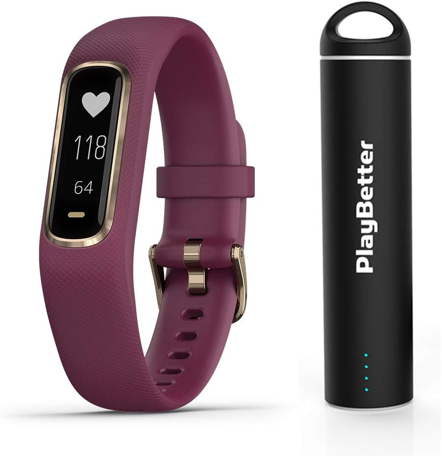 Garmin vivosmart 4 (Berry/Light Gold - Small/Medium) Smart Activity Tracker Power Bundle | +PlayBetter Portable Charger | Fitness Activity Tracker | Heart Rate