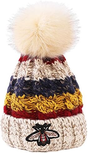 Women's Winter Beanie Warm Fleece hat - Thick Cable Knit Bee Hat Ski Cap (Beige)