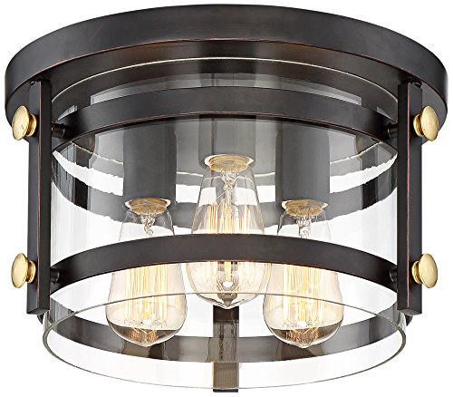 Franklin Iron WorksEagleton Rustic Farmhouse Ceiling Light Flush-Mount Fixture 13 1/2" Wide Oil Rubbed Bronze Gold 3-Light Clear Glass Shade for Bedroom Kitchen Living Room Hallway Dining Bathroom