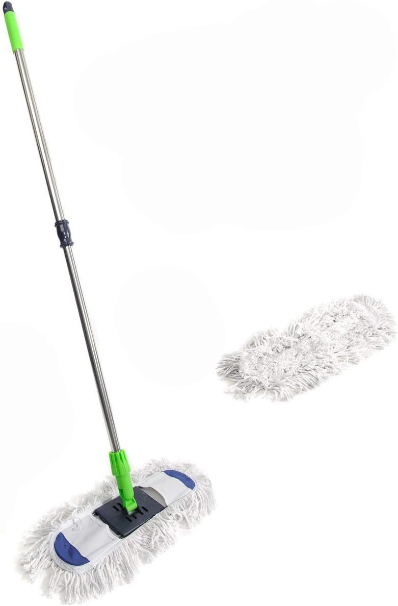 NFHOME Cotton Dust Mop Kit, 17" Wire Dust Mop Frame with Stainless Steel Telescopic Extension Handle and 1 Extra Refill, Green