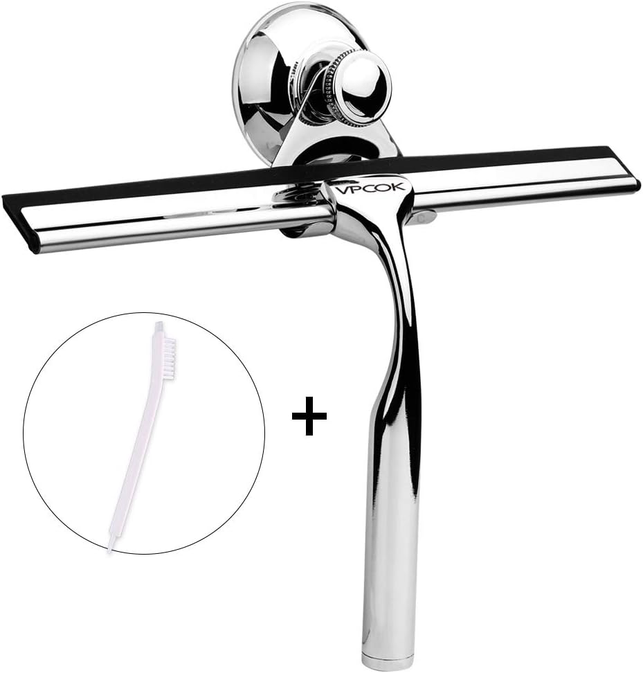 VPCOK Shower Squeegee Window Squeegees Blade Window/Glass cleaner Bathroom Wiper Handheld Car Squeegee Ergonomic Design Silver with Additional Suction Cup and Brush