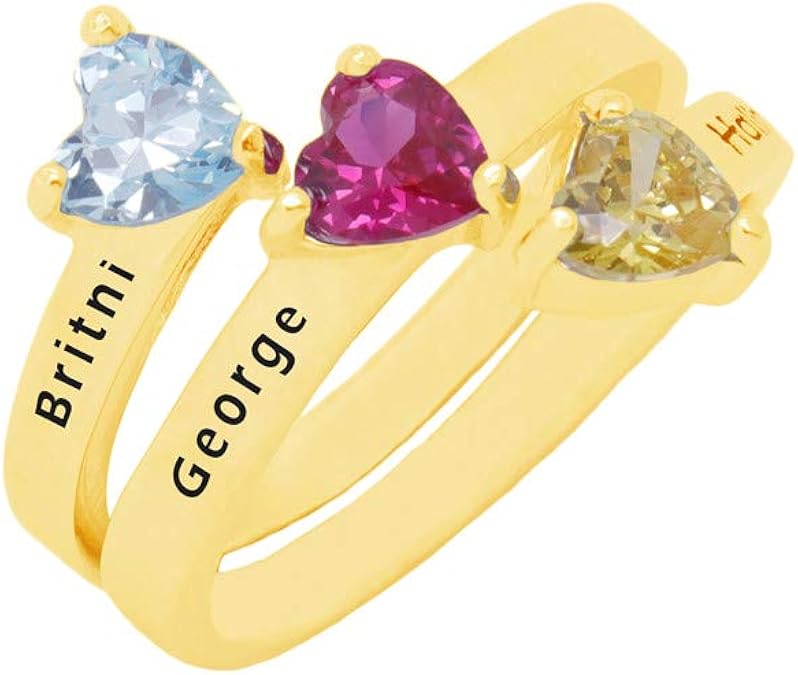 Custom 3 Name Heart Birthstone Ring Personalized Sterling Silver