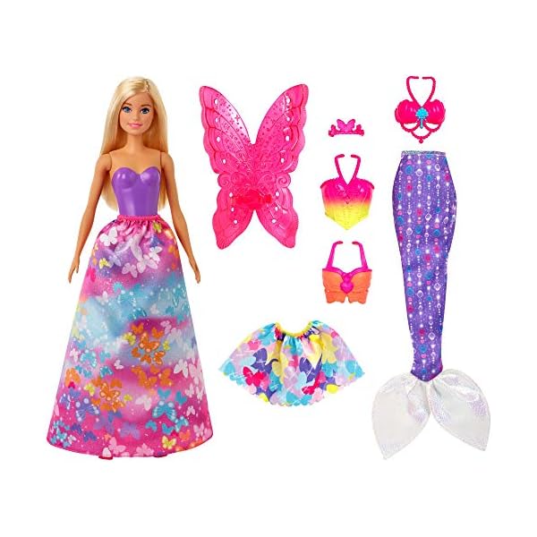 Barbie GJK40 - Dreamtopia 3-in-1 Fantasie Spielset, Puppe (blond) mit 3 Outfits und Zubehör: Fee, Meerjungfrau und Prinzessin, Spielzeug ab 3 Jahren