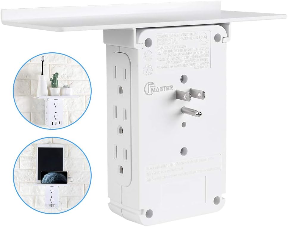 Power Charger Shelf-CFMASTER 11 Port Surge Protector Wall Outlet, 8 Electrical Outlet Extenders and 3 USB Ports 3.4A, with Removable Built-In Shelf and LED Indicator, FCC Listed, White - - 