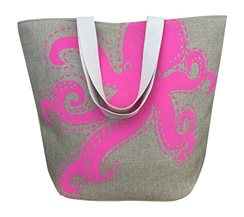 XL Canvas Fun Beach Tote Bag w/ Snap Closure-Octopus (Pink)