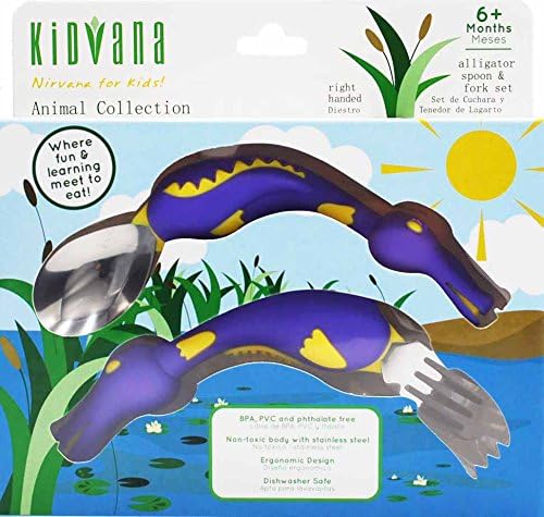 Fork and Spoon Cutlery Set for Children and Toddlers with Ergonomic Design - Purple Alligator Animal Collection. BPA Free nontoxic Stainless Steel. Fun and Safe Utensil for Kids.