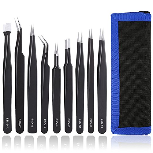 Precision Tweezers Set MANYEE 9 Pcs Professional Anti-Static Stainless Steel Tweezers Kit Non-Magnetic ESD Tweezers with Storage Bag for Electronics Repair, Jewelry-Making,Craft, Soldering - Thumbnail 7