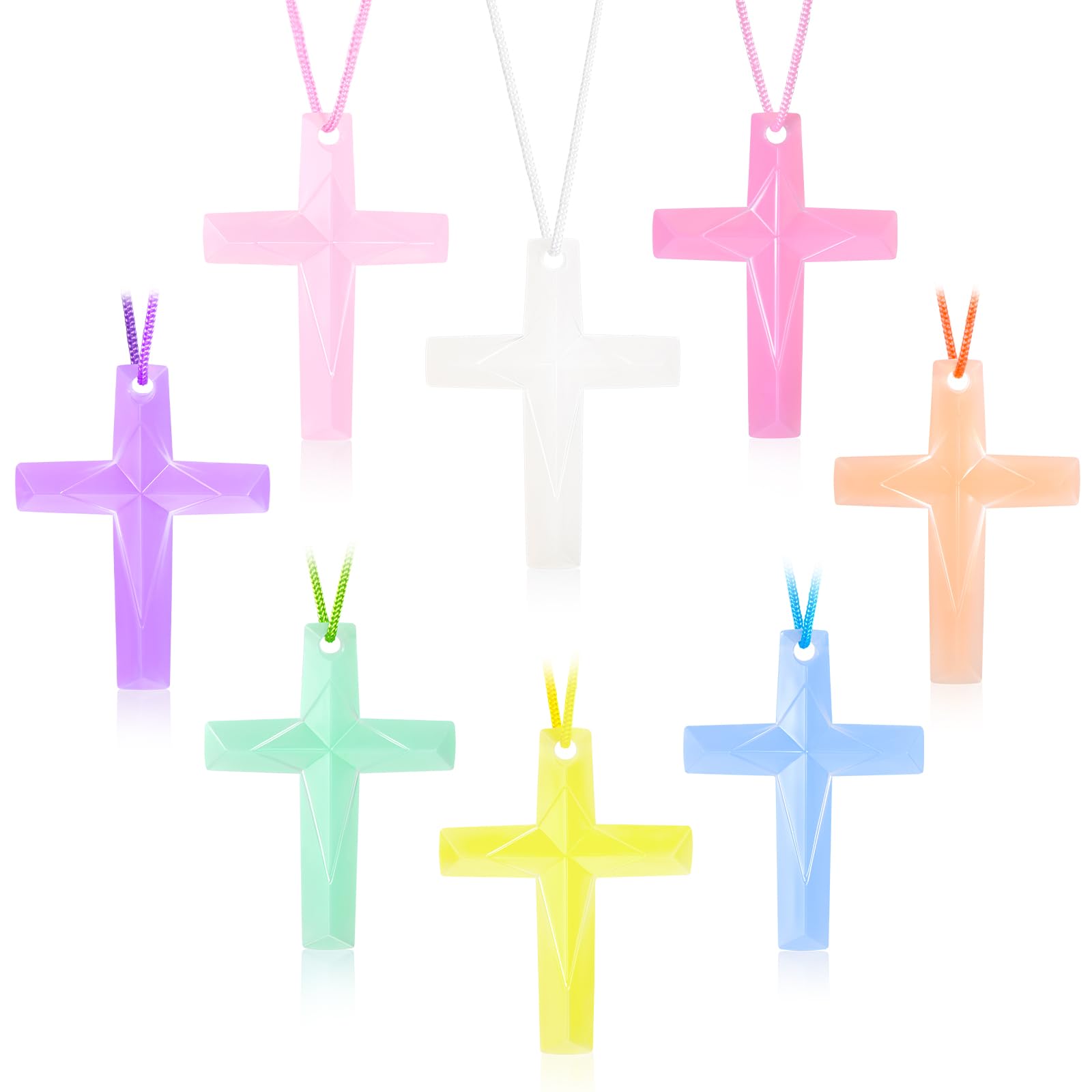104 Pcs Crystal Cross Necklace, Plastic Cross Necklace Christian Gift Bulk Religious Party Favors Toy for Sunday School Church Easter Vacation Bible School Operation Christmas,8 Colors(Macaron color)
