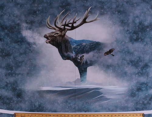 32" X 44" Panel Elk Hawks Winter Snow Mountains Pine Trees Conifers Northwoods Wildlife Animals Scenic Landscape Nature Call of The Wild Fog Digital Cotton Fabric Panel (P4397-483-FOG)