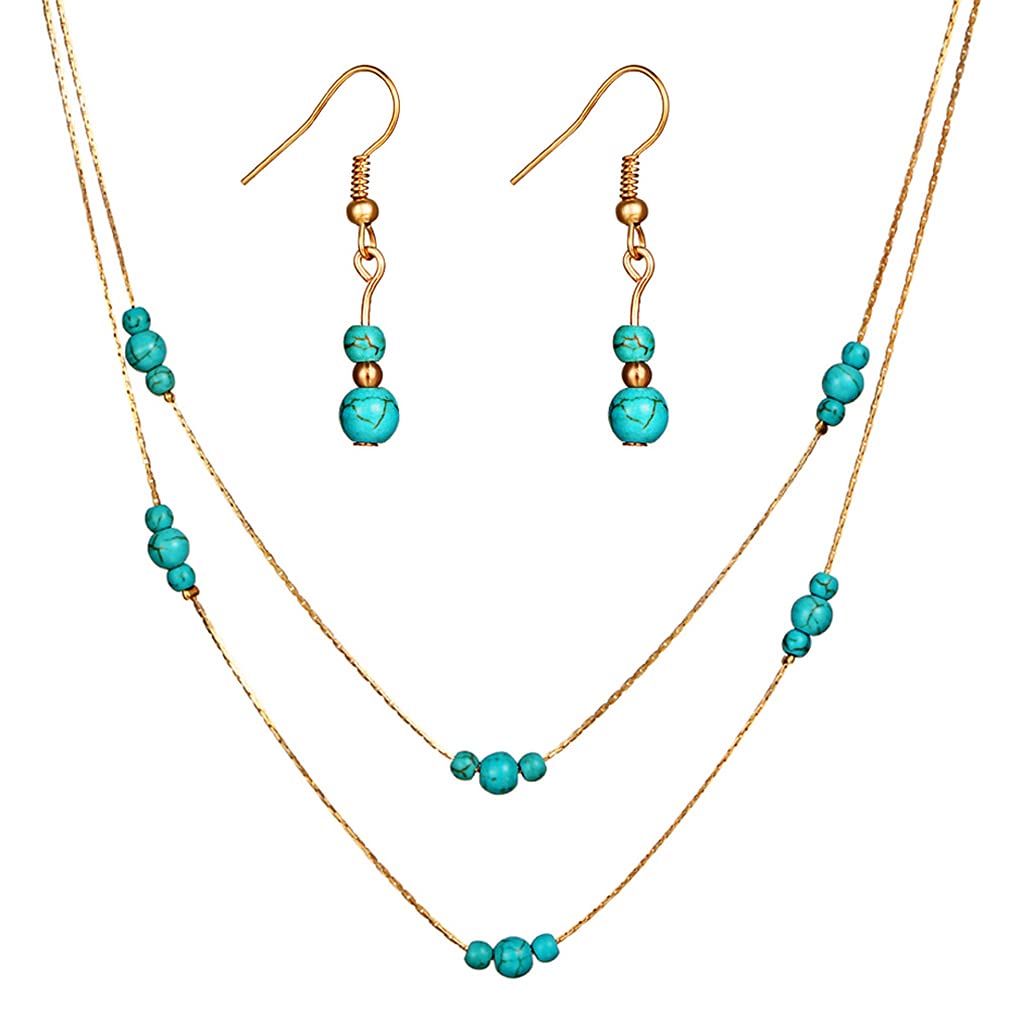 Wedity Double Layered Turquoise Necklace Earring Set Retro Round Turquoise Pendant Handmade Choker Necklaces Adjustable Jewelry for Women and Girls (Gold)