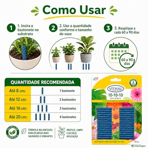 Adubo Fertilizante Vithal Bastonetes 10-10-10, Aplicação via Solo, Kit com 2 Pacotes, 30 Unidades Cada