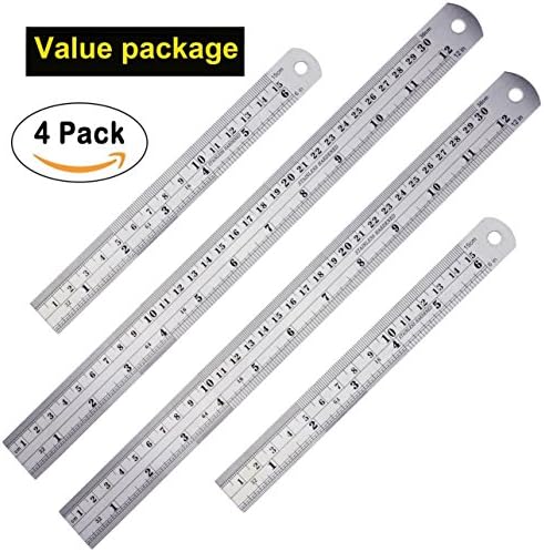 Stainless Steel Ruler 12 Inch + 6 Inch Office Ruler 4 Pieces Set Metal Rulers Kit for Engineering, Teaching, Offi (4 Stainless Steel Ruler)