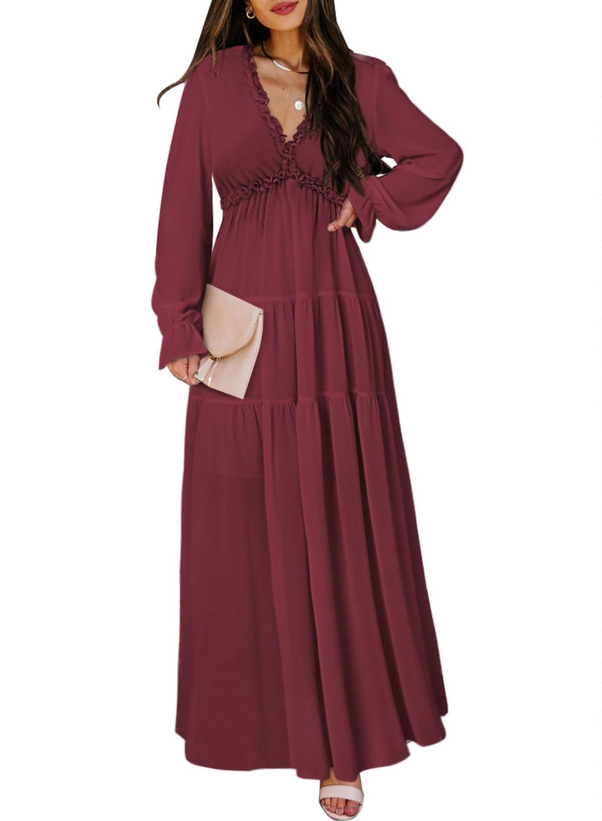Photo 1 of **SIMILAR***
BLENCOT Womens Casual Boho Solid Color Deep V Neck Loose Long Sleeve Long Evening Dress Ruched Cocktail Party Maxi Wedding Dress Wine Red Medium