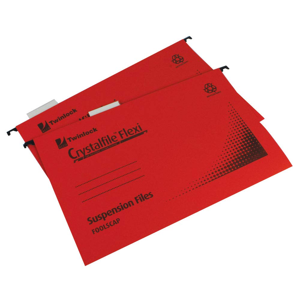 Rexel Foolscap Suspension Files with Tabs and Inserts for Filing Cabinets, 15 mm V-base, Manilla, Red, Crystalfile Flexifile, Pack of 50, 3000042