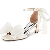 Coutgo Womens Bow Kitten Heels Sandals Square Open Toe Ankle Strap Satin Ribbon Wedding Dress Shoes