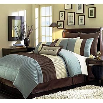 Chezmoi Collection Loft 104 x 92-Inch 8-Piece Stripe Comforter Bed-in-a-Bag Set, King, Blue/Brown/Beige