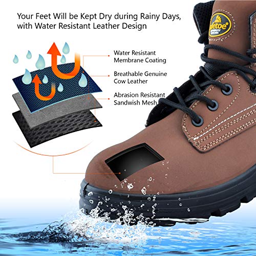 SAFETOE Men's Steel Toe Safety Boots Water-Resistant Lightweight Lace Up Leather Shoes, Brown, 8 D(M) US