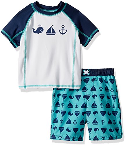 Baby Buns Toddler Boys' Two Piece Come Sail Away Rashguard Swimsuit Set, Multi, 2T