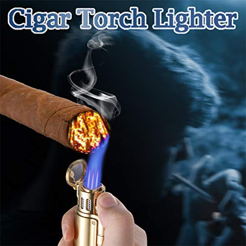 BS Cigar Lighter and Cutter Set,Cigar Punch Lighter Triple Jet Flame Butane Cigarette Torch Lighter (Black Nickel) (Gold)