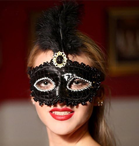 Lady Elegant Side Ostrich Feather Masquerade Mardi Gras Venetian Mask with Crystal Party Mask (Black)