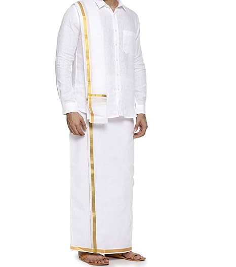 Genxt 100% Pure Cotton Dhoti with Gold Jari Border (White, 46)