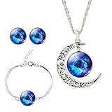 Men Fancy Galaxy Outer Space Hollow New Moon Crystal Cabochon Necklace Earrings Bracelet Jewelry Set