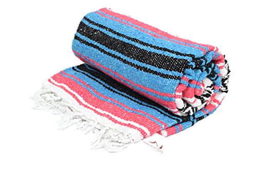 Open Road Goods Teal and Coral Mexican Blanket - Authentic Mexican Falsa Serape - Great Yoga Blanket, Beach Blanket, Picnic Blanket, or Mexican Style Home Throw! Handwoven