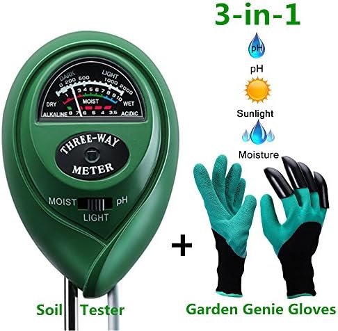 Diiker Soil Test kit, Soil pH meter Include 3-in-1 Moisture Tester Digital Tool for pH/Water/Light and Garden Genie Gloves, Testing for Gardening/Lawn/Plants, Indoor and Outdoors (No Battery Needed)