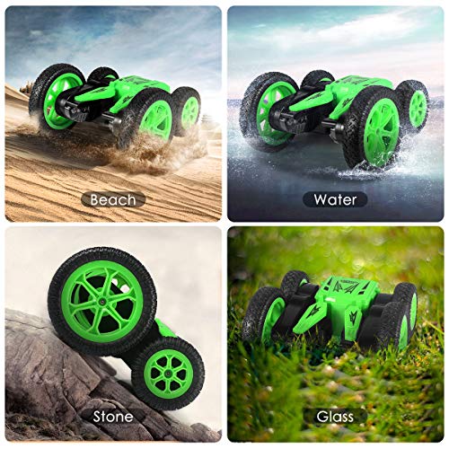 RC Cars Stunt Car Toy, 4WD 2.4Ghz Remote Control Car Double Sided Rotating Vehicles 360° Flips, Green RC Cars for Kids Birthday Gifts