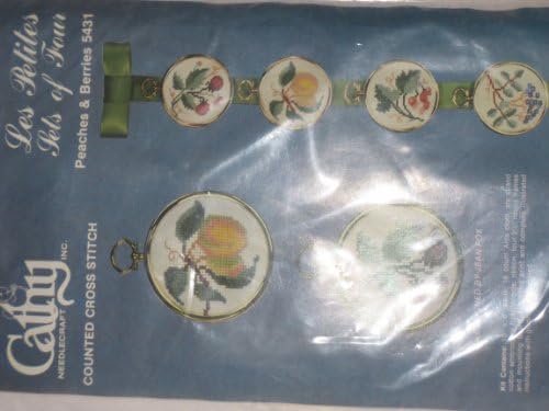 Counted Cross Stitch Peaches &amp; Berries -- Set of 4 w/ Ribbon -- Kit contains 10" x 8" white, 18 count, six strand cotton embroidery floss, needle, ribbon, four 2.5" round frames and mounting board -- Full color print and complete illustrated instructions with graph. Unassembled -- as shown